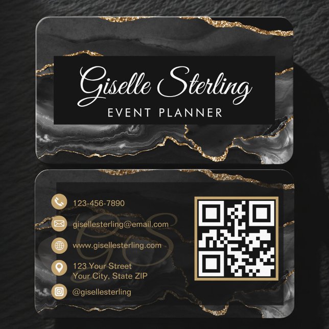 Cartão De Visita Event Planner QR Code Black Gold (Criador carregado)