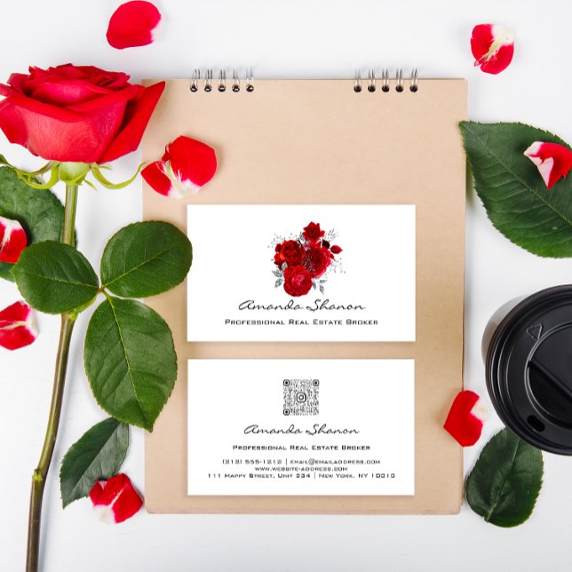 Cartão De Visita Evento Casamento do Planejador Rosa vermelha Logot (Event Wedding Planner Red Roses White Logo QR CODE Business Card)