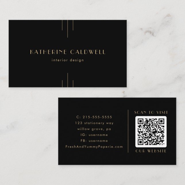 Cartão De Visita EVERLY Elegant Art Deco Black and Gold QR Code (Frente/Verso)