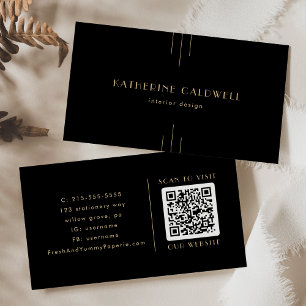 Cartão De Visita EVERLY Elegante QR Code Preto e Dourado Art Déco