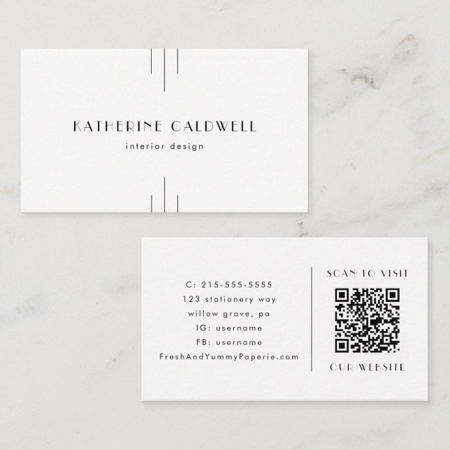 Cartão De Visita EVERLY Minimalist Art Deco White and Black QR Code (Frente/Verso)
