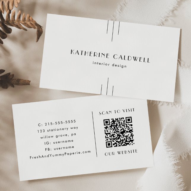 Cartão De Visita EVERLY Minimalist Art Deco White and Black QR Code (EVERLY Minimalist Art Deco White and Black QR Code Business Card)