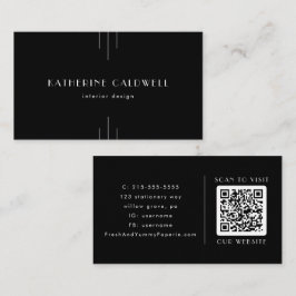 Cartão De Visita EVERLY Modern Art Deco Black and White QR Code
