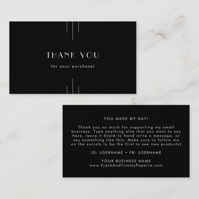 Cartão De Visita EVERLY Modern Art Deco Black and White Thank You (Frente/Verso)