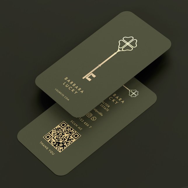 Cartão De Visita Exército de Mediadores de Hipotecas Dourado Verde  (Mortgage Broker Army Green Gold Key Modern Business Card
)