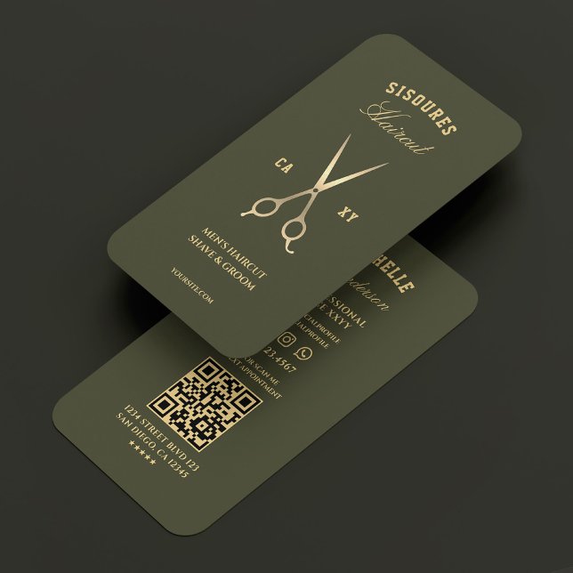 Cartão De Visita Exército de Tesoura Barber Dourada do Exército Lux (Barbershop Gold Barber Scissors Army Green Luxe Business Card
)