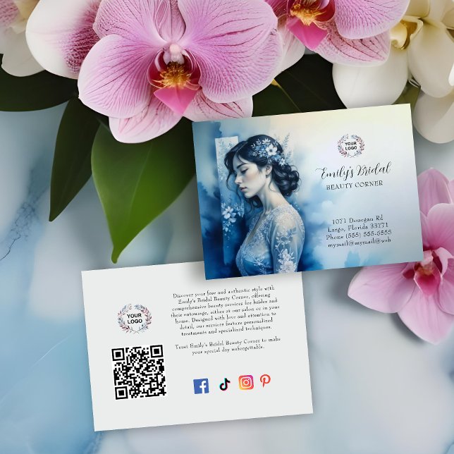 Cartão De Visita Exquisite Beautiful Bride In Blue Bridal Business (Exquisite Beautiful Bride In Blue For Bridal Business with QR Code and Network Icons Business Cards.)