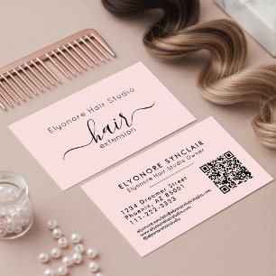 Cartão De Visita Extensão de Cabelo Código QR em Tom Rosa Script
