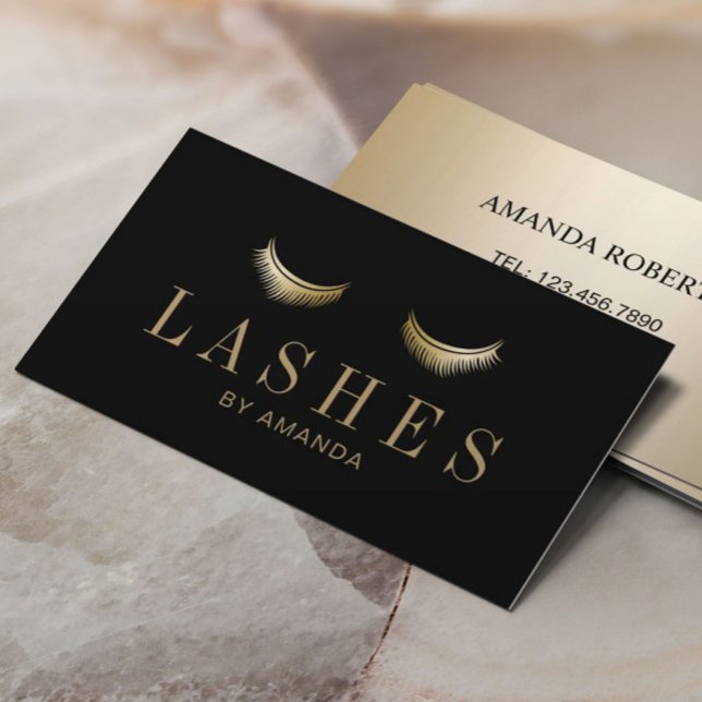 Cartão De Visita Extensão Eyelash Salão Moderno Preto Dourado (Criador carregado)