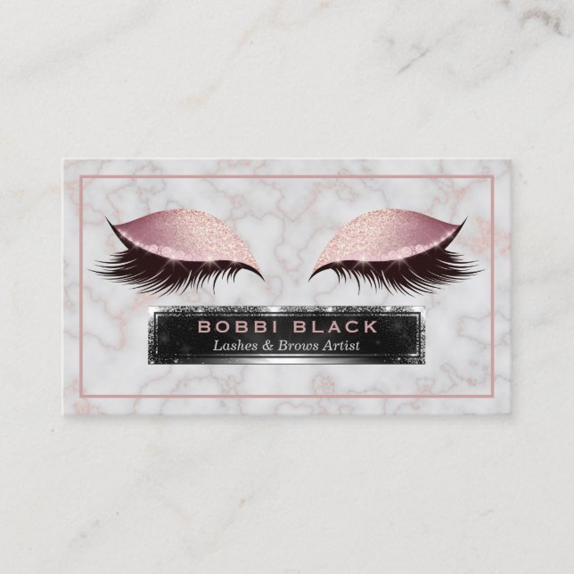 Cartão De Visita Extensões Eyelash Glam Glitter Rosa Marble Dourado (Frente)