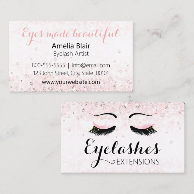 Cartão De Visita Eyelash Extensões Estimulantes e Ouros Rosa (Frente/Verso)