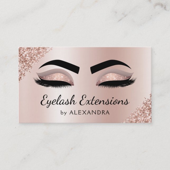Cartão De Visita Eyelash Extensões Pisca Glitter Rosa Salão Dourado (Frente)