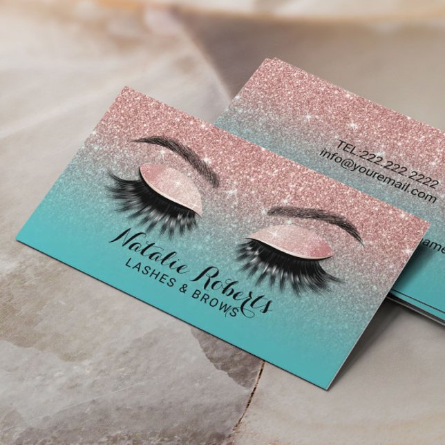 Cartão De Visita Eyelash Extensões Rosa Dourado e Teal Glitter Salo (Criador carregado)