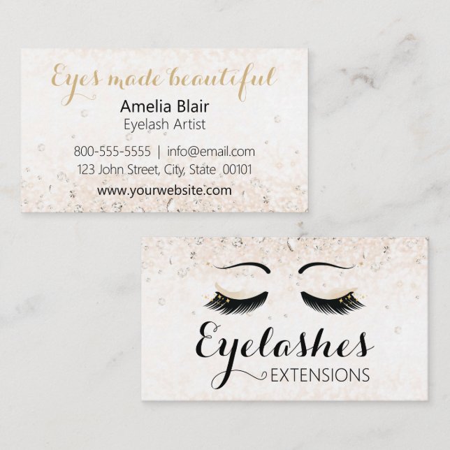 Cartão De Visita Eyelash Extensões Sparkles e Diamantes Dourados (Frente/Verso)