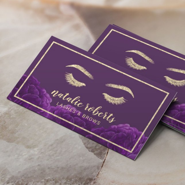 Cartão De Visita Eyelash Makeup Artista Dourado Frame Purple Floral (Criador carregado)