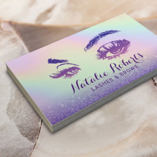 Cartão De Visita Eyelash Makeup Artista Roxo Glitter Holographic (Criador carregado)