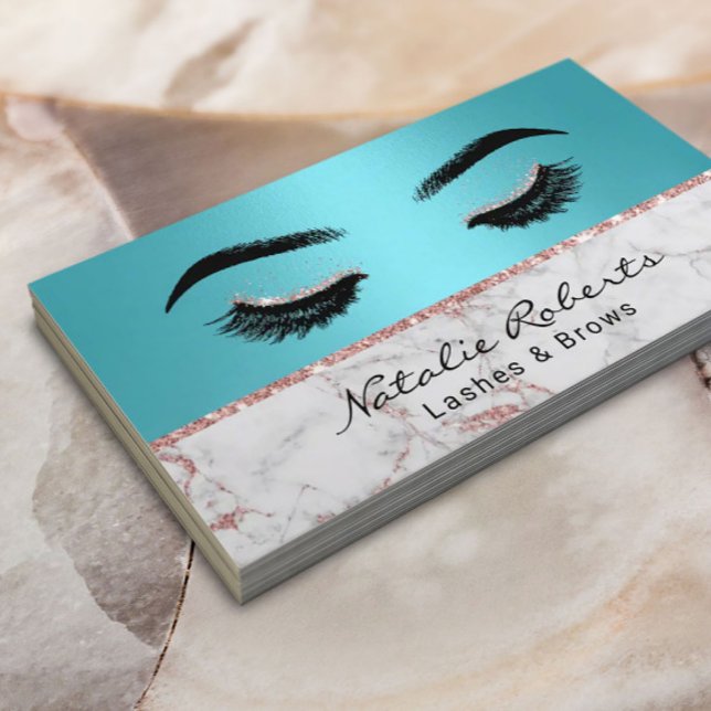 Cartão De Visita Eyelash Makeup Artista Turquoise Rosa Marble (Criador carregado)