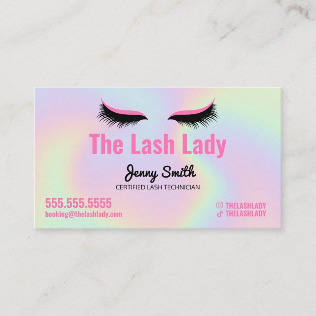 Cartão De Visita EyeLash Tech Lash Beauty Salon Holographic Rainbow (Frente)