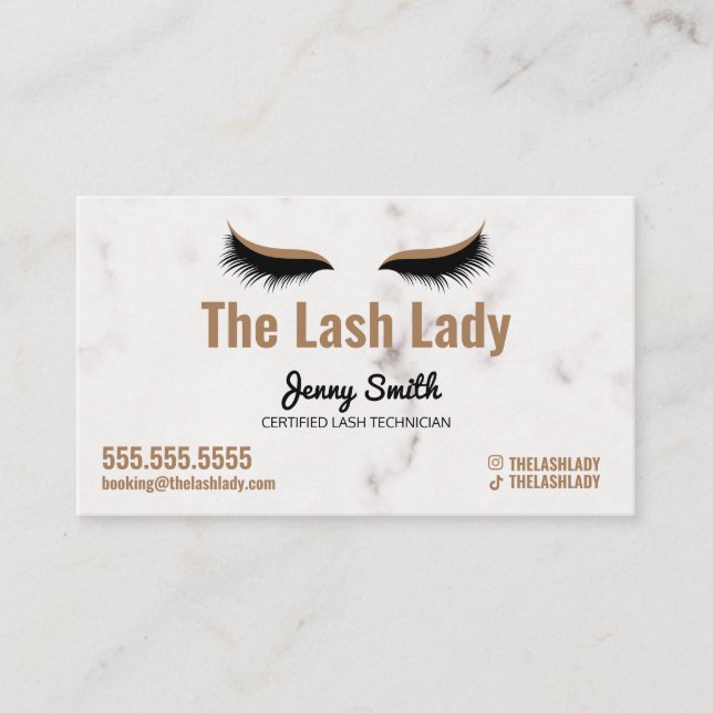Cartão De Visita EyeLash Tech Lash Beauty Salon Luxe Marble Dourado (Frente)