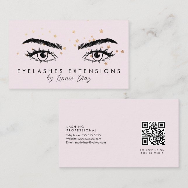 Cartão De Visita Eyelashes Extensões Salon Faux Foil Stars Rosa (Frente/Verso)