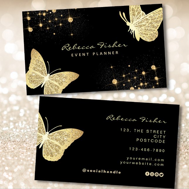 Cartão De Visita Faaux Pale Ivory Dourada Espontilha da Borboleta (Gold & Black Business Card)