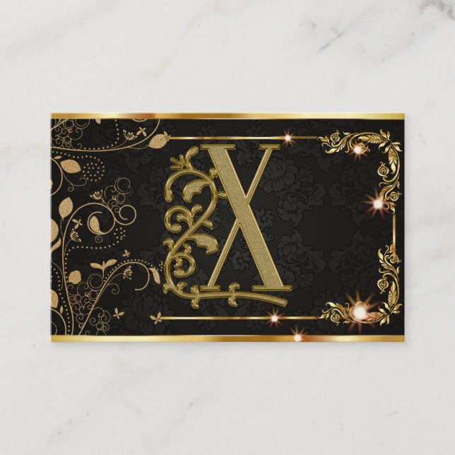 Cartão De Visita Faísca Preta Dourada | Monograma Elegante (Frente)
