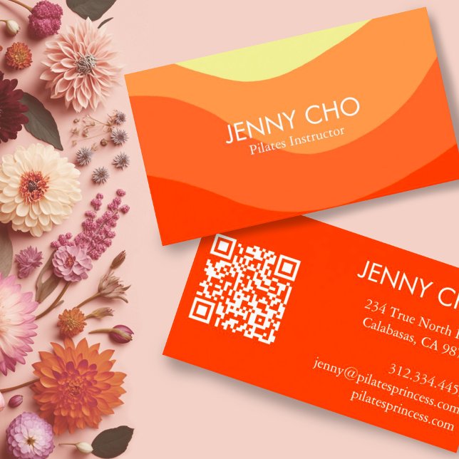 Cartão De Visita Faixa de Curvas Retro Abstrato mínimo Laranja mode (Bright orange and yellow curvy stripes business cards with QR codes)