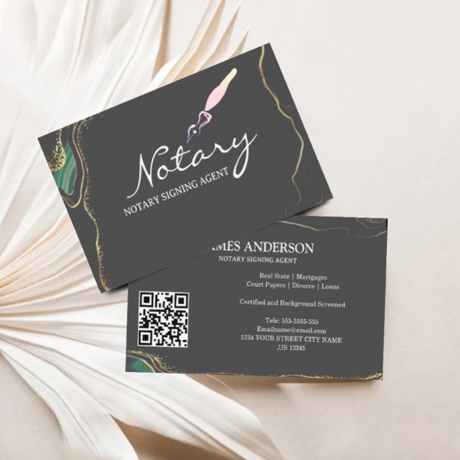 Cartão De Visita Falha Dourada na Cinza Agate Agent de Assinatura N (Notary Signing Agent Agate Grey Gold Glitter Business Card)