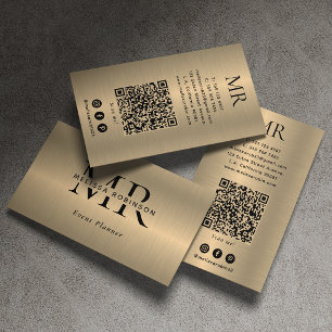 Cartão De Visita Falso Código QR Monograma Preto Metálico Dourado B