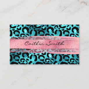 Cartão De Visita Faux Aqua Blue Foil Leopard Pink Traço Pincel