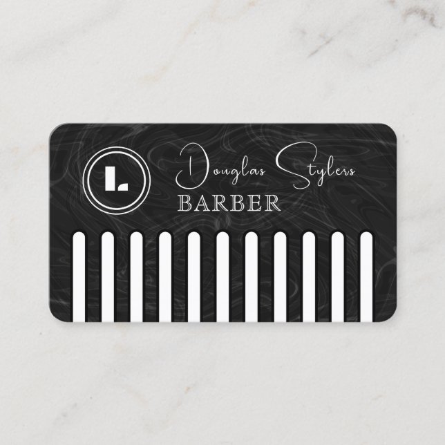 Cartão De Visita Faux black comb with logo barber (Frente)