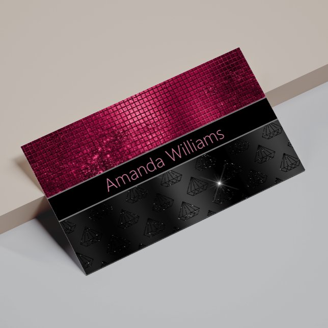 Cartão De Visita Faux Chic Silver Glitter Burgundy Monograma preto (Criador carregado)