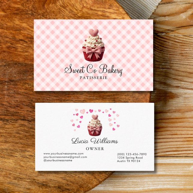 Cartão De Visita Faux Crochet Love Cupcake Bakery Business Card (Faux Crochet Valentine Cupcake bakery Business Card)