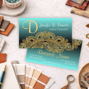 Cartão De Visita Faux Dourada Trendy Mandala Motif Sobre Teal Blue 