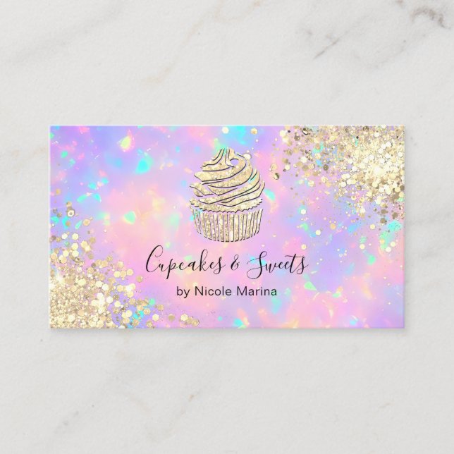 Cartão De Visita Faux Dourado e elegante doce de Cupcake holográfic (Frente)