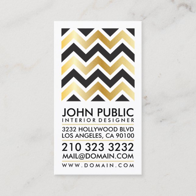 Cartão De Visita Faux Gold Foil Black Chevron Moderno Elegante (Frente)