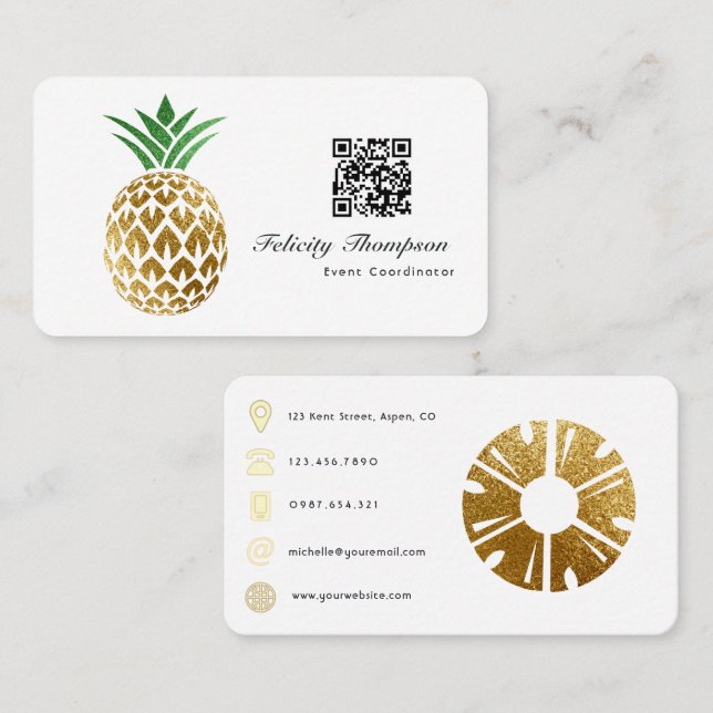 Cartão De Visita Faux Gold Foil Pineapple QR Code (Frente/Verso)