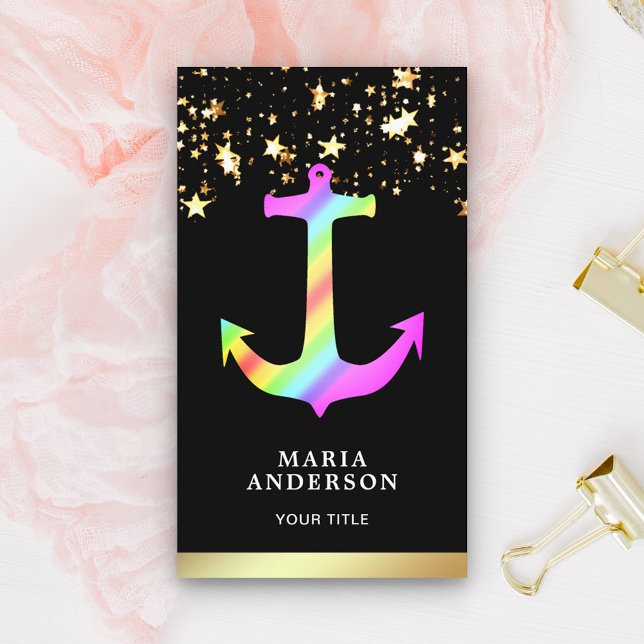 Cartão De Visita Faux Gold Foil Stars Confetti Rainbow Anchor (Criador carregado)
