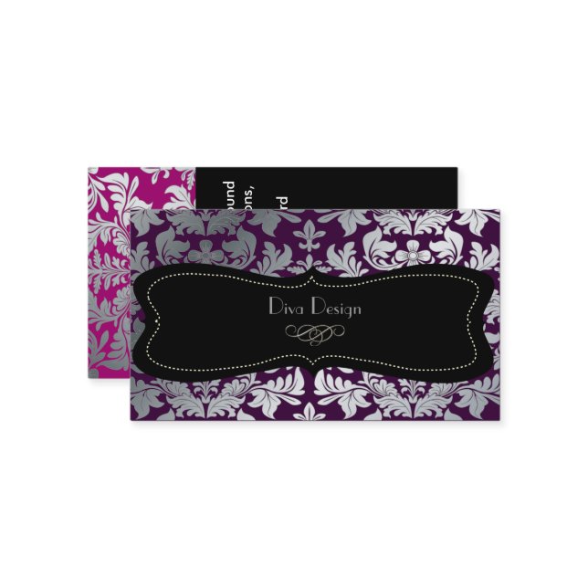 Cartão De Visita Faux prata barroco damask roxo/preto (Frente/Verso In Situ)