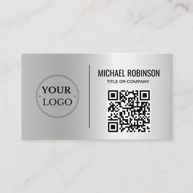 Cartão De Visita Faux Silver Business Logo QR Code Professional (Frente)