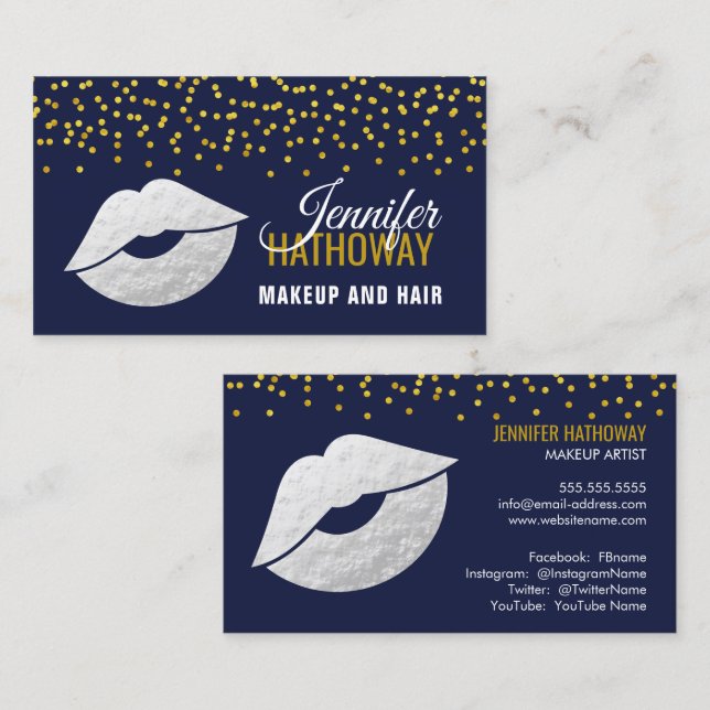 Cartão De Visita Faux Silver Foil Lábios e Confetti Makeup Artist (Frente/Verso)