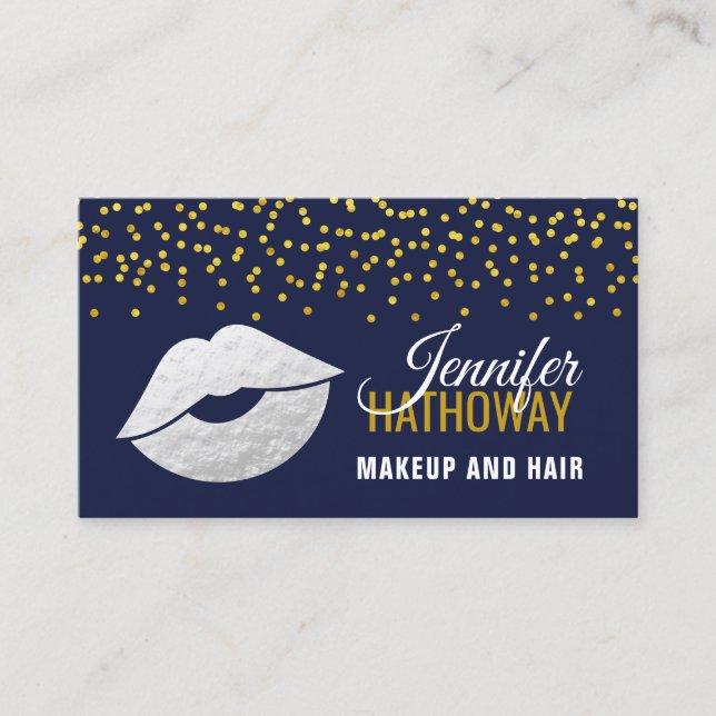 Cartão De Visita Faux Silver Foil Lábios e Confetti Makeup Artist (Frente)