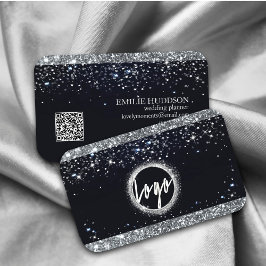 Cartão De Visita Faux Silver Glitter e Black Elegante código QR