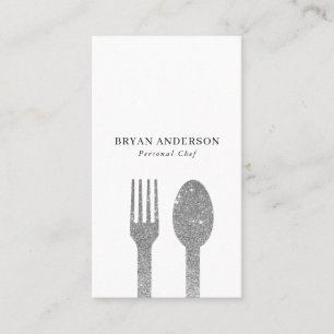 Cartão De Visita Faux Silver Glitter Fork e Spoon - Chef Pessoal