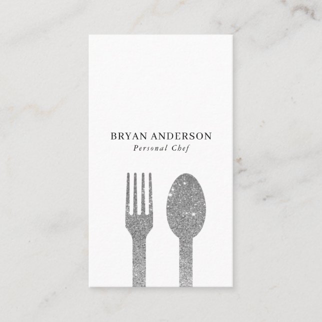 Cartão De Visita Faux Silver Glitter Fork e Spoon - Chef Pessoal (Frente)