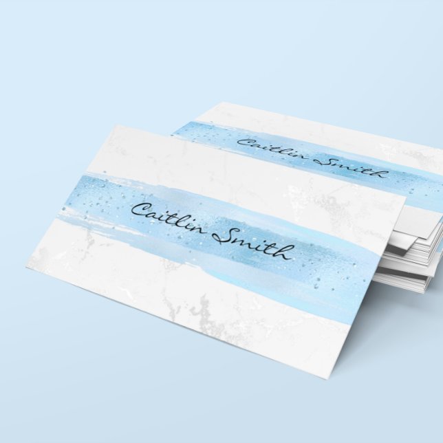 Cartão De Visita Faux Silver White Foil Marble Blue Brussel Traço (Silver White Foil Marble Blue Brush Stroke Business Card)