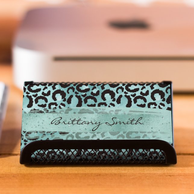Cartão De Visita Faux Turquoise Teal Foil Leopard Aqua Brusca Traço (Turquoise Teal Foil Leopard Aqua Brush Stroke Business Card)