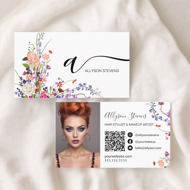 Cartão De Visita Feijões-chic makeup foto inicial qr code (Wildflowers chic hair makeup photo initial qr code business card)