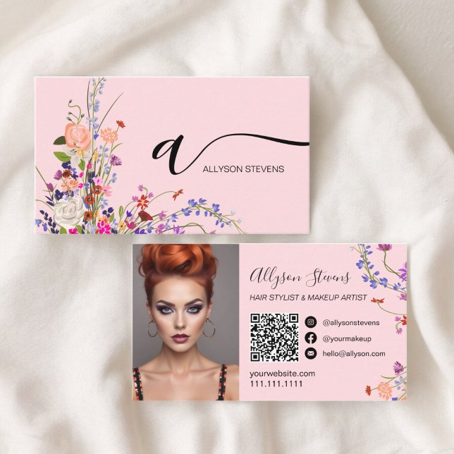 Cartão De Visita Feijões-chic makeup foto inicial qr code (Wildflowers chic hair makeup photo initial qr code business card)