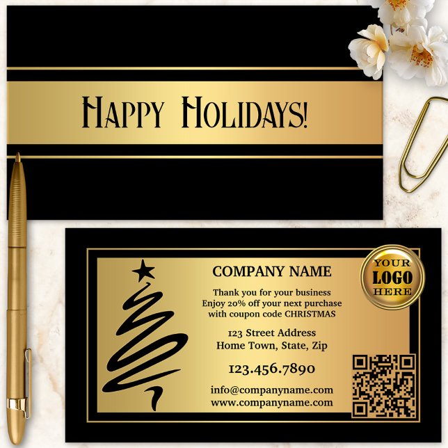 Cartão De Visita Férias Douradas de Natal Negro Obrigado (Stylish gold and black Christmas Holidays Thank You business card with a Christmas tree outline)